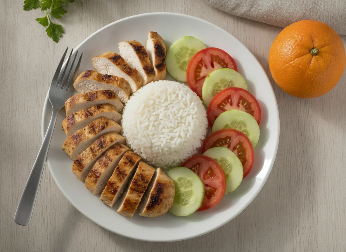 Arroz com frango grelhado, tomate e pepino photo
