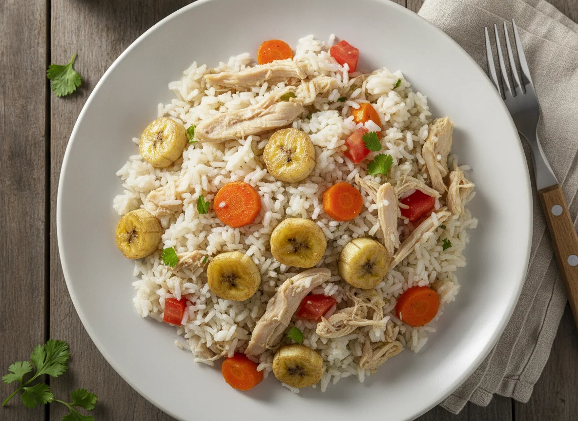 Arroz com frango, legumes e banana photo