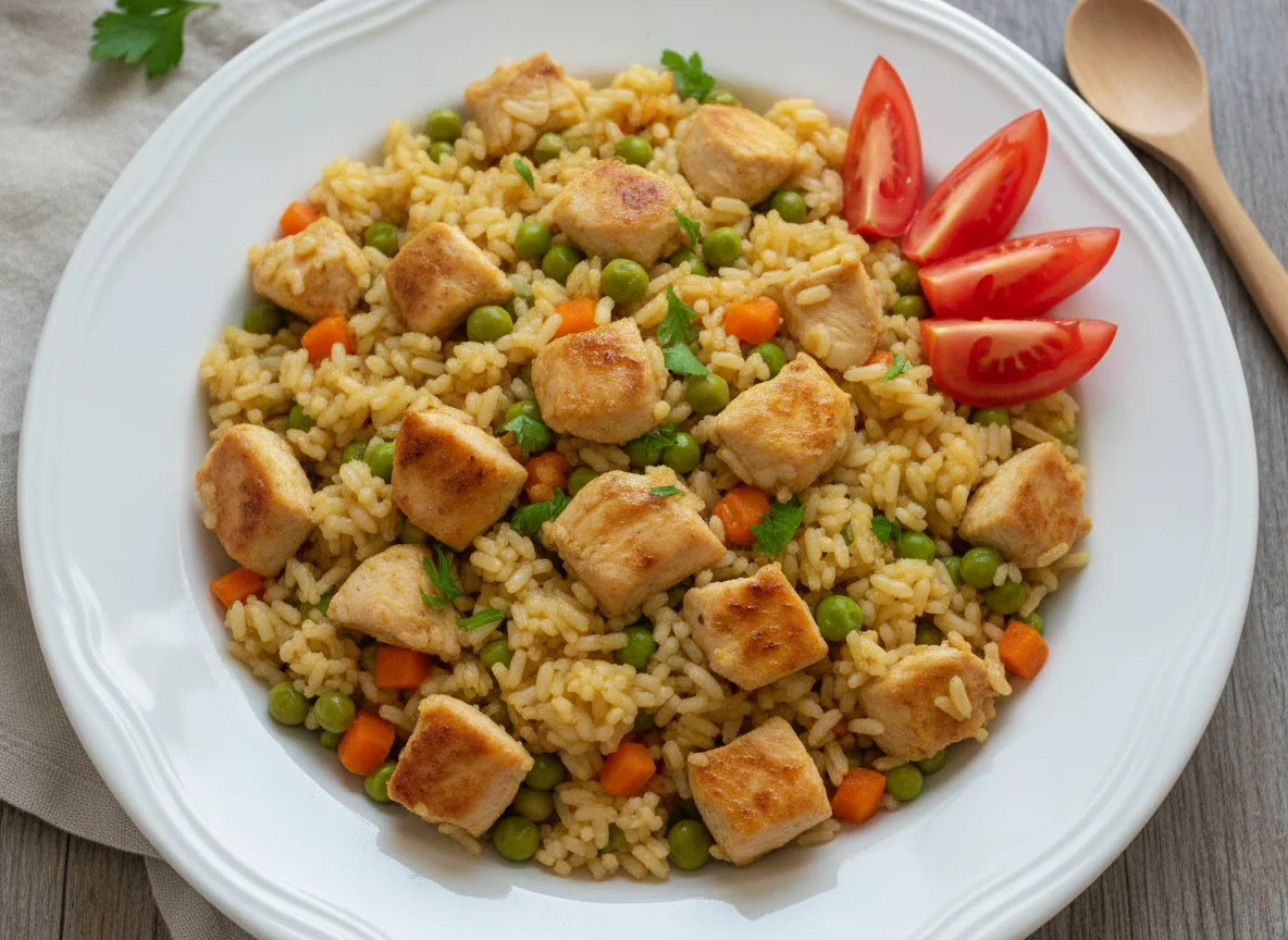 Arroz com frango, legumes e tomate photo