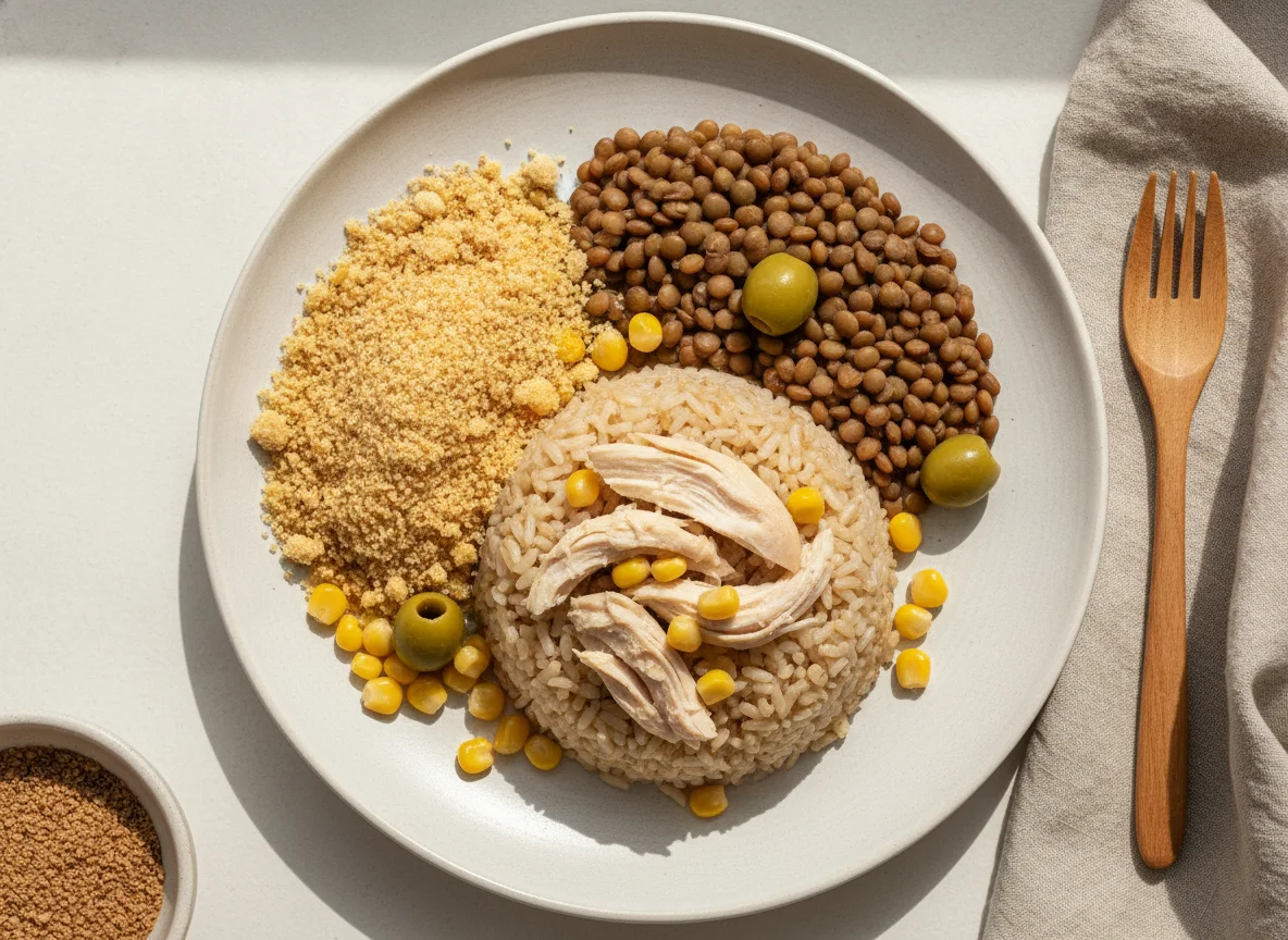 Arroz com frango, lentilha, azeitonas e farofa photo