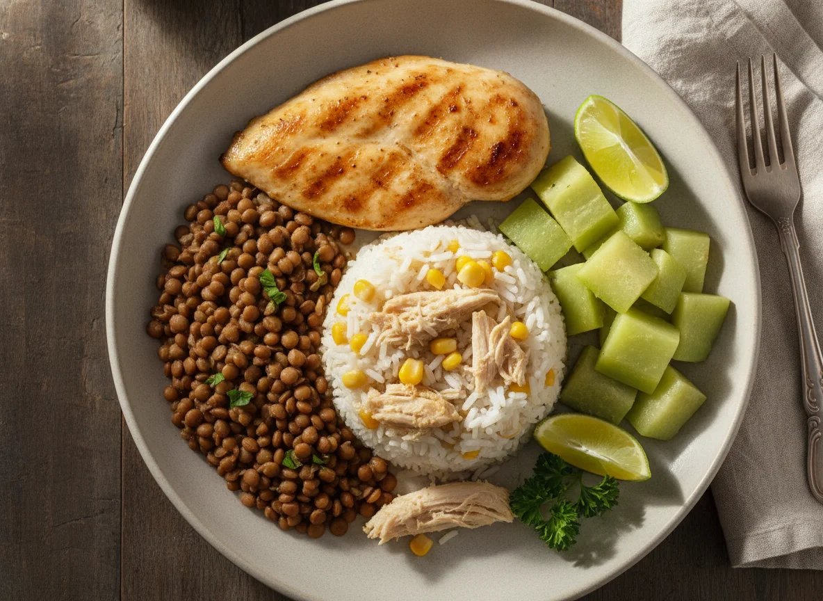 Arroz com frango, lentilha e chuchu photo