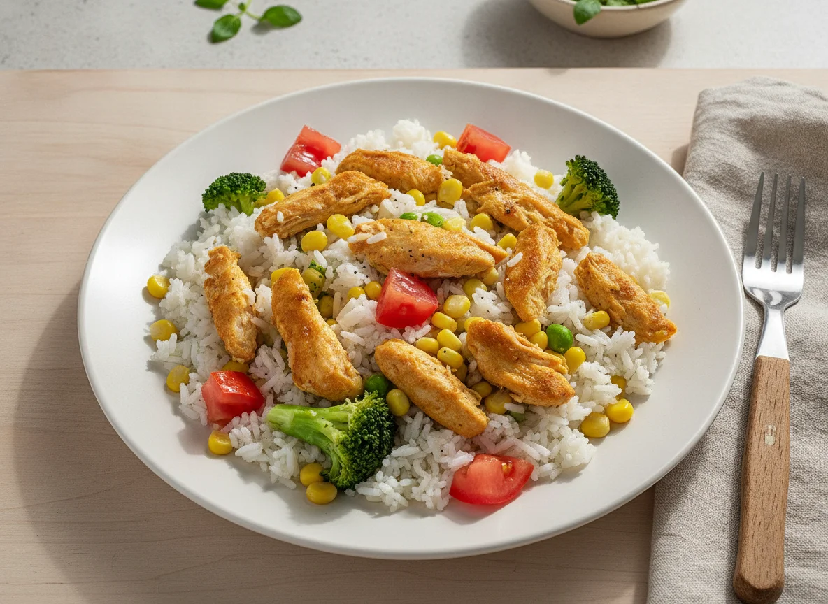 Arroz com frango, milho, brócolis e tomate photo