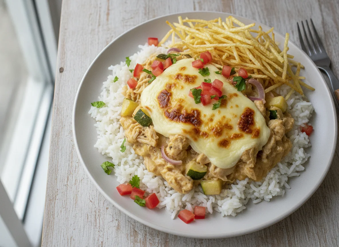 Arroz com fricassê de frango com batata palha e queijo photo