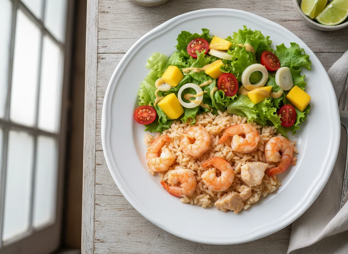 Arroz com frutos do mar e salada tropical photo