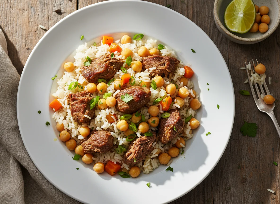 Arroz com grão de bico e carne photo