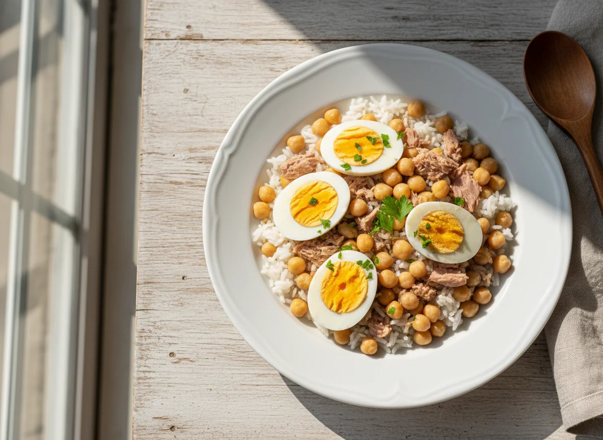 Arroz com grão-de-bico, atum e ovo photo