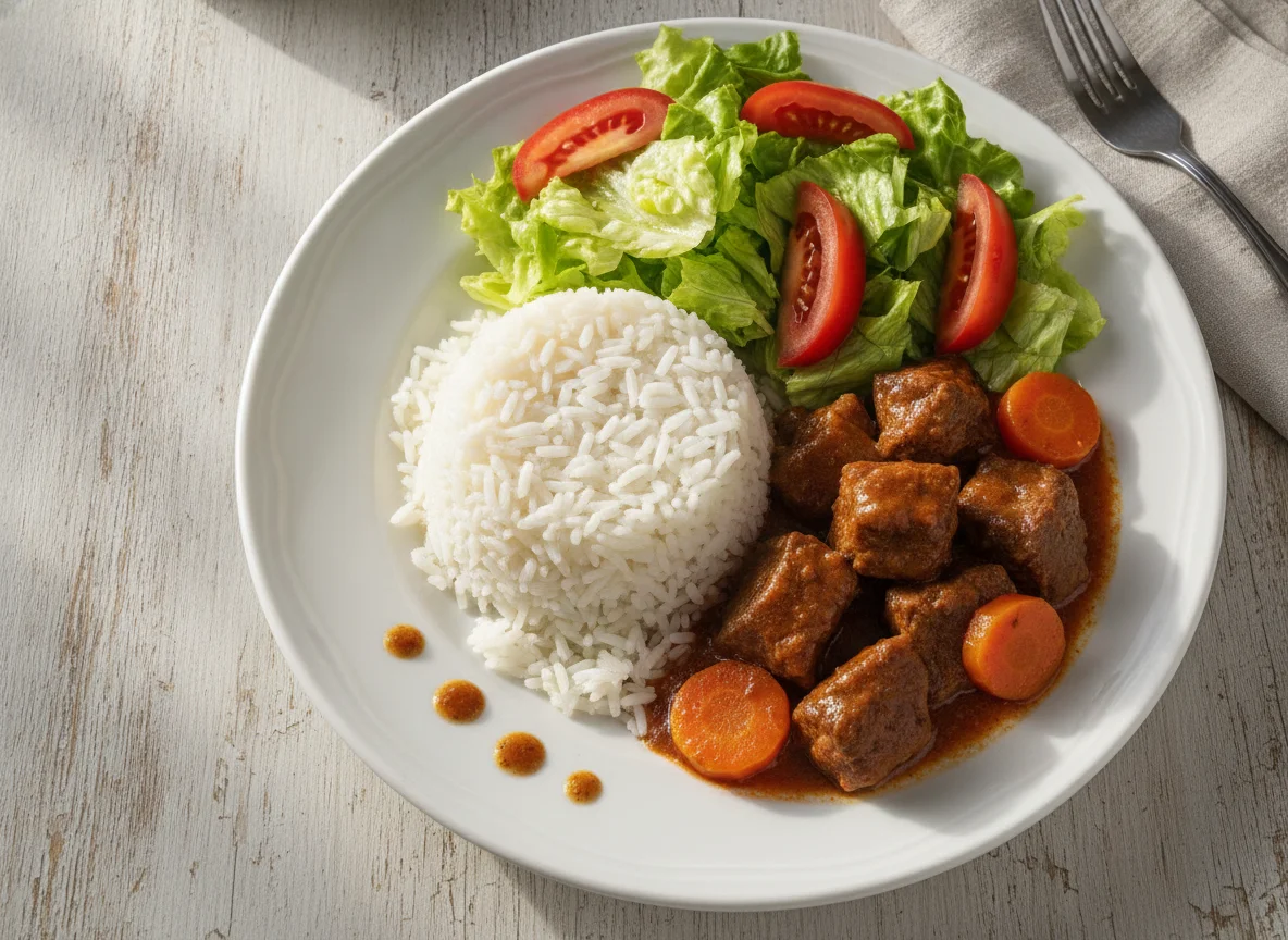 Arroz com Guisado de Carne e Salada Fresca photo