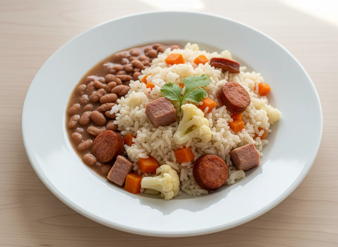 Arroz com legumes e carne photo