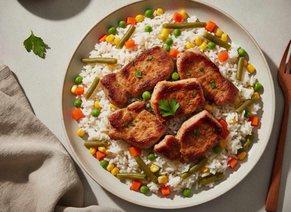 Arroz com legumes e carne de porco photo