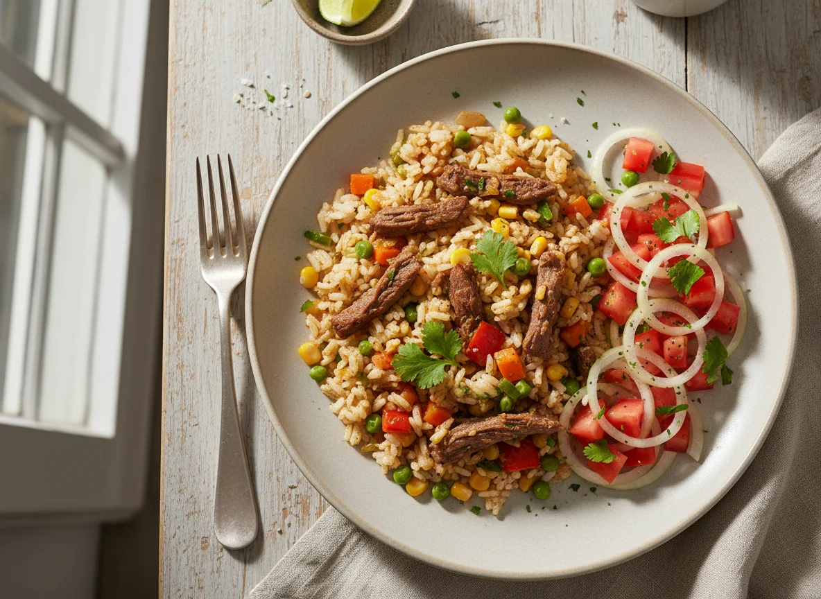 Arroz com legumes e carne e salada de tomate e cebola photo