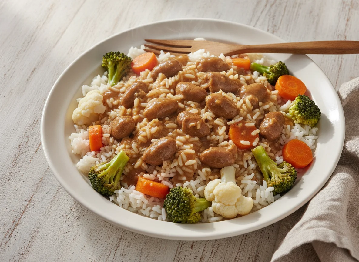 Arroz com legumes e coraçõezinhos de frango photo