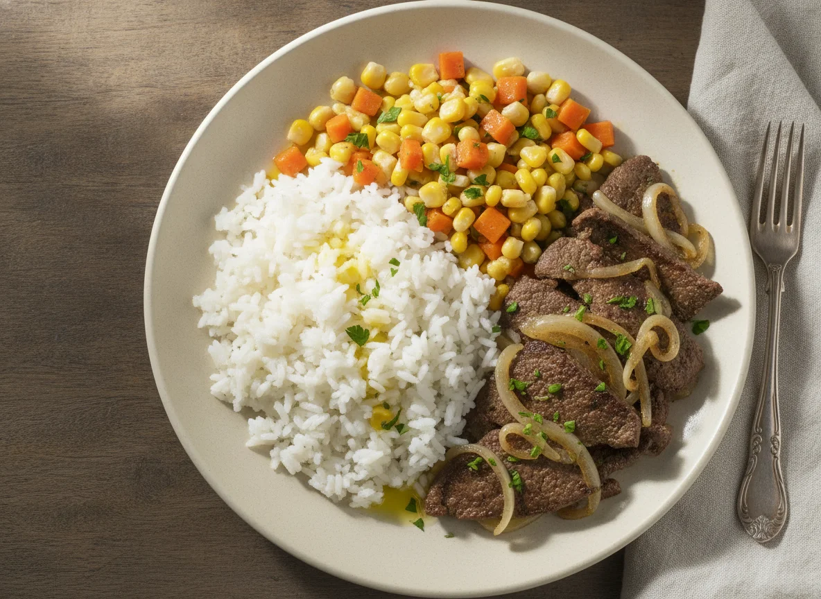 Arroz com legumes e fígado acebolado photo