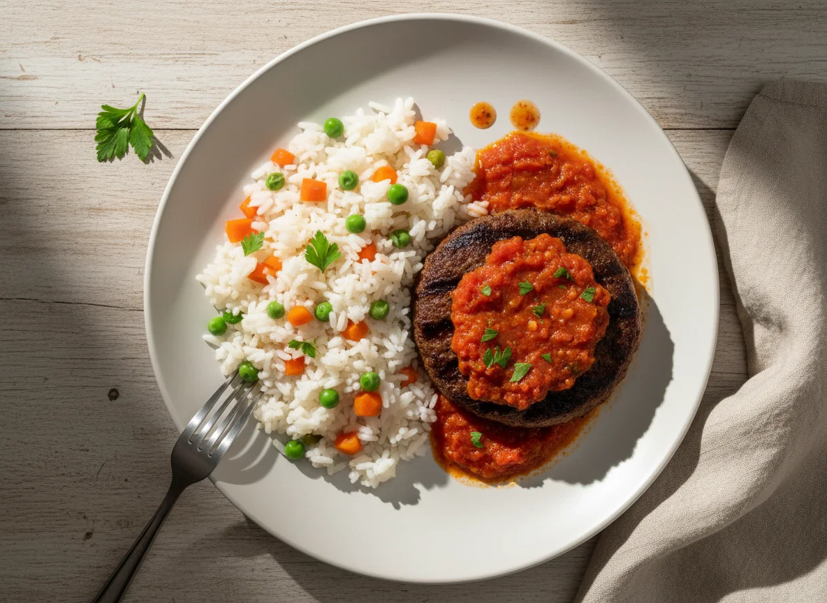 Arroz com legumes e hambúrguer com molho de tomate photo