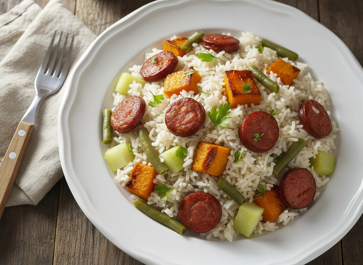 Arroz com legumes e linguiça photo