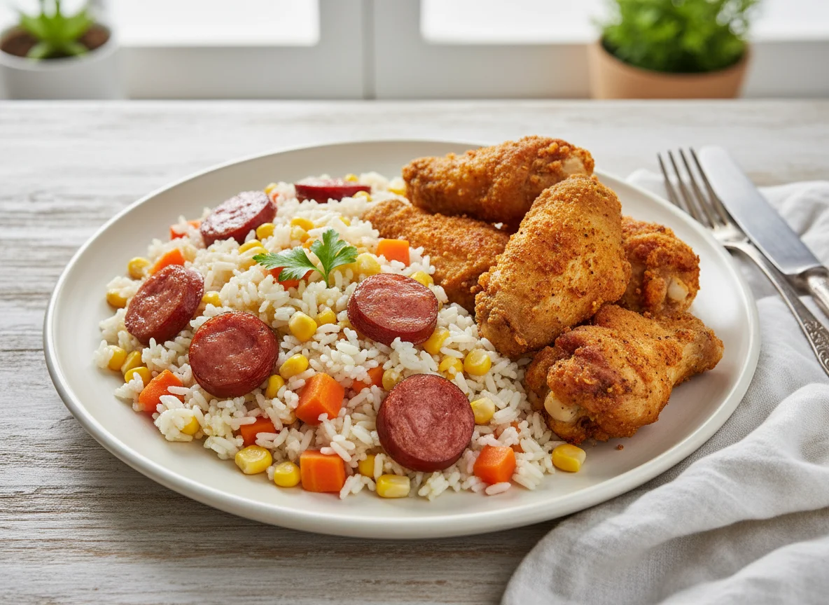 Arroz com legumes e linguiça com asinhas de frango fritas photo