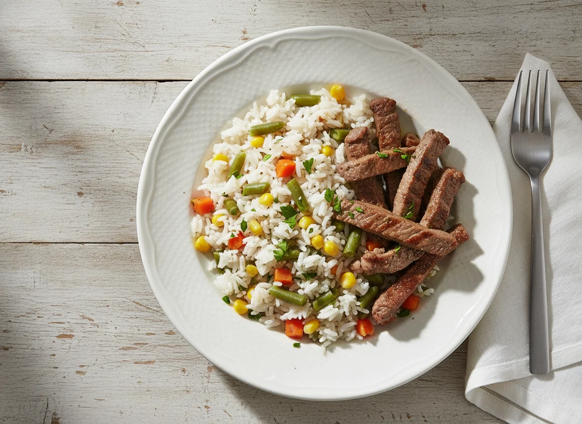 Arroz com legumes e tiras de carne bovina photo