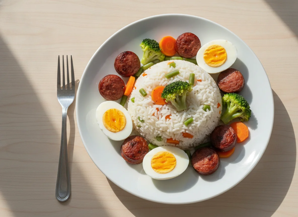 Arroz com legumes, ovos cozidos e linguiça photo