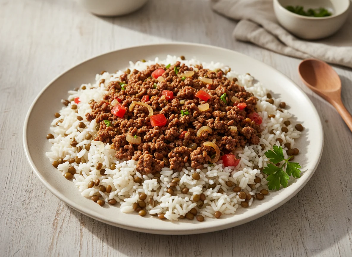Arroz com lentilha e carne moída photo
