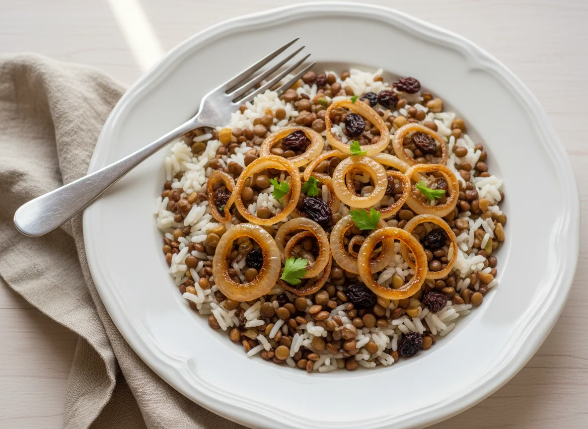 Arroz com lentilha e cebola caramelizada photo