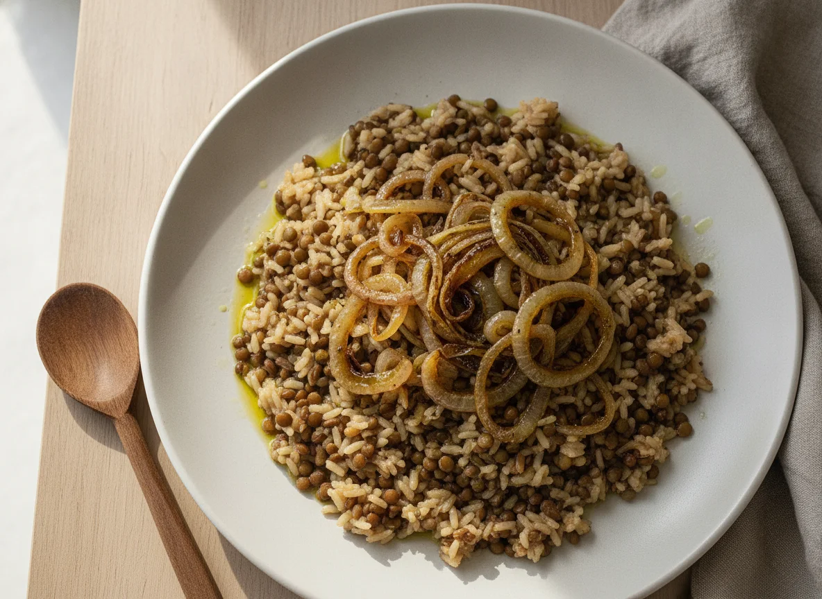 Arroz com Lentilha e Cebola Caramelizada (Mjadra) photo