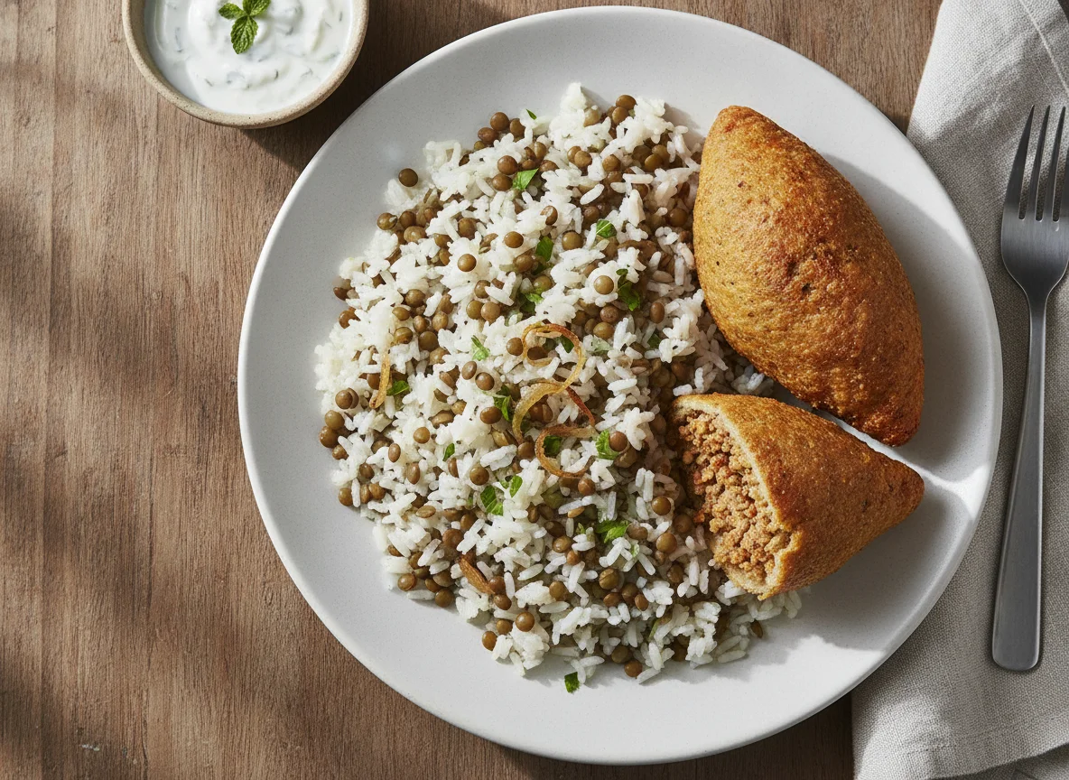 Arroz com lentilha e quibe assado photo