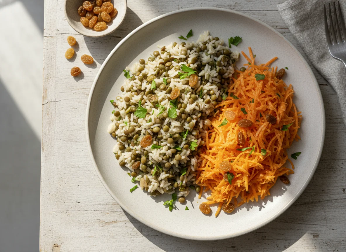 Arroz com lentilha e salada de cenoura photo