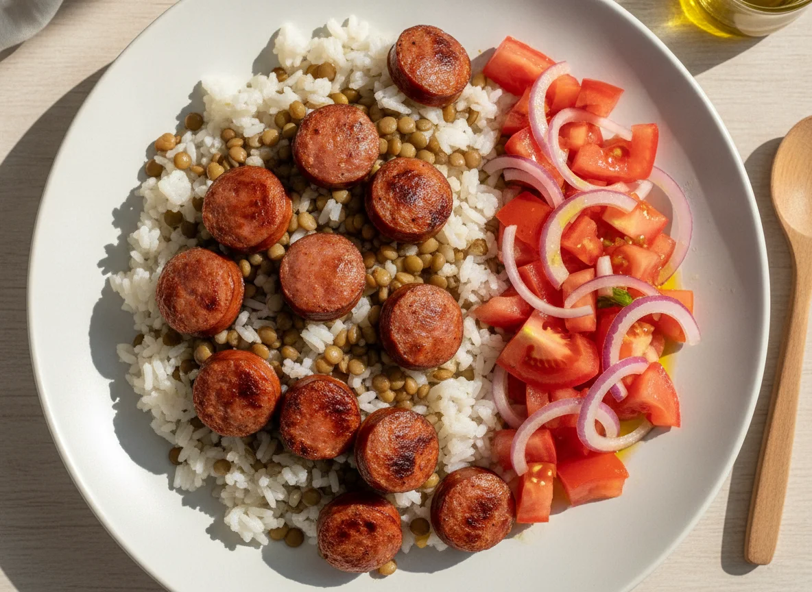 Arroz com lentilha, linguiça e salada de tomate com cebola roxa photo