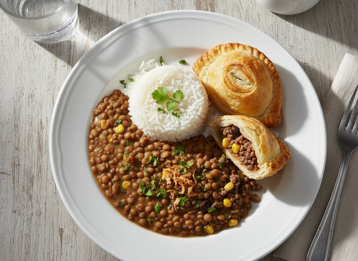 Arroz com lentilhas e pastel folhado photo