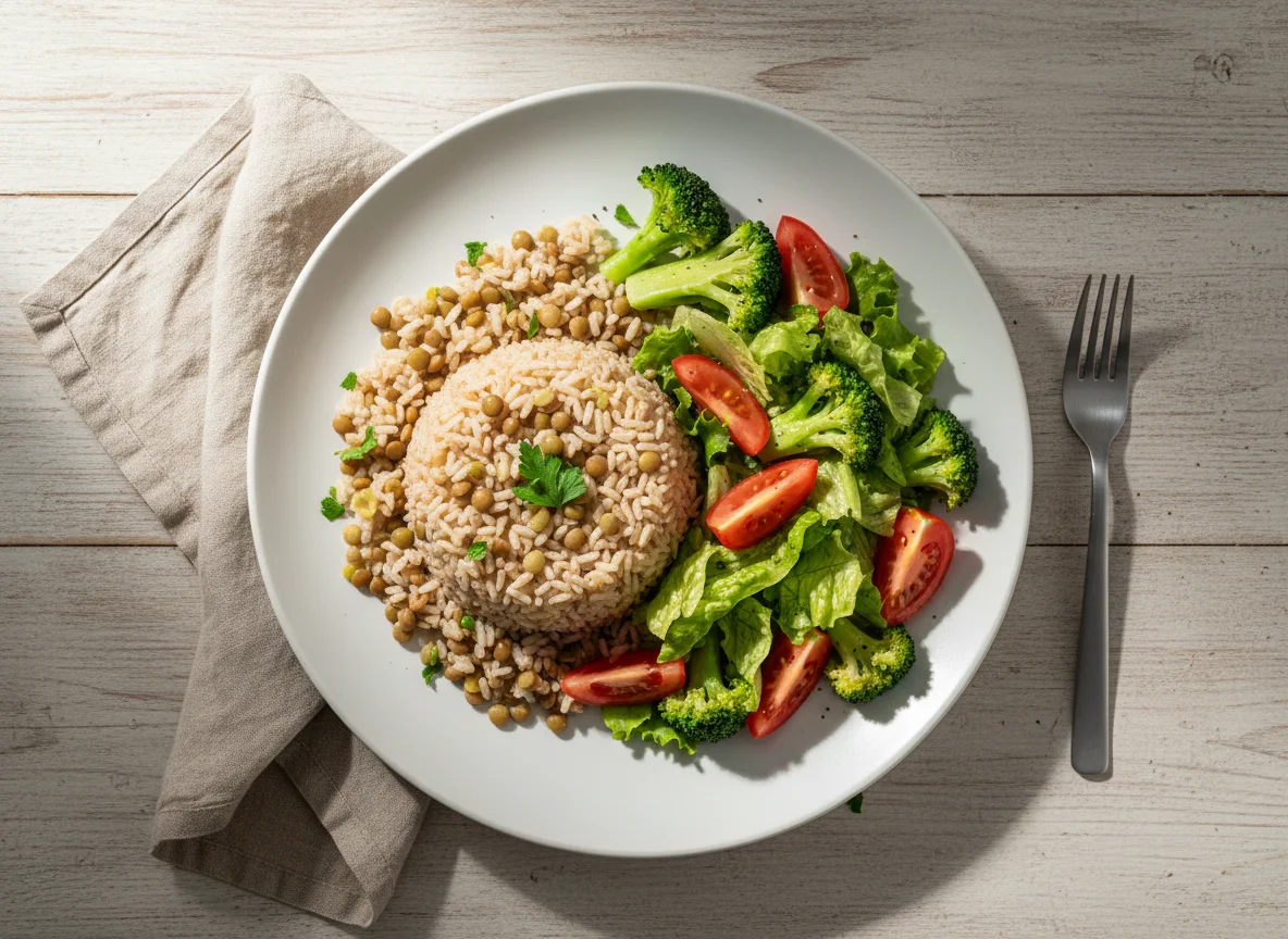 Arroz com lentilhas e salada photo