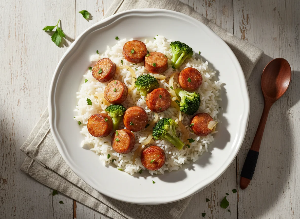 Arroz com linguiça e brócolis photo