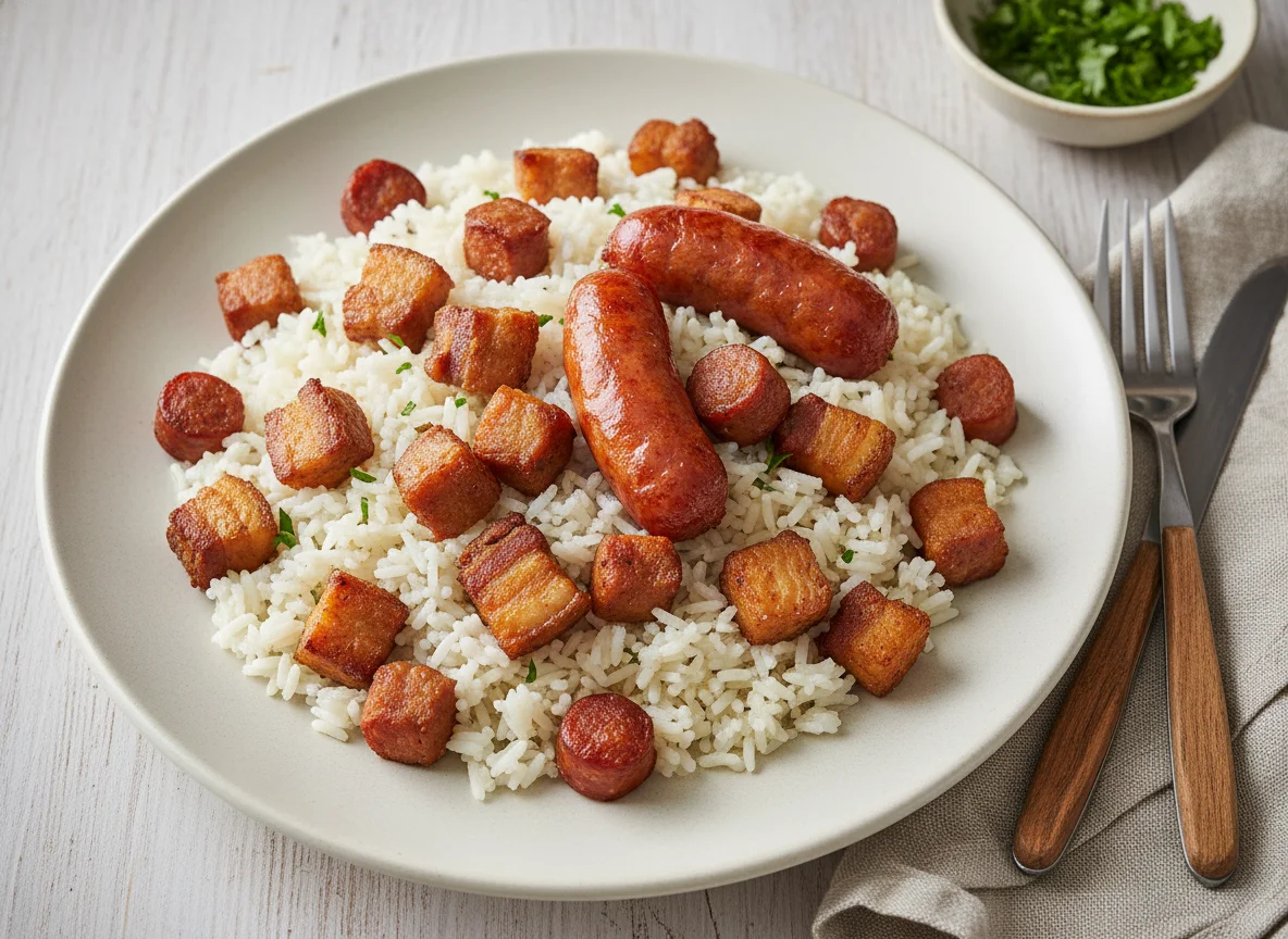 Arroz com linguiça e carne de porco photo