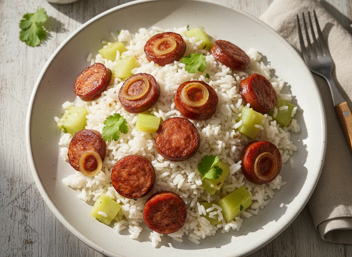 Arroz com linguiça e chuchu photo