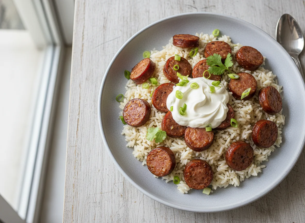 Arroz com linguiça e creme azedo photo