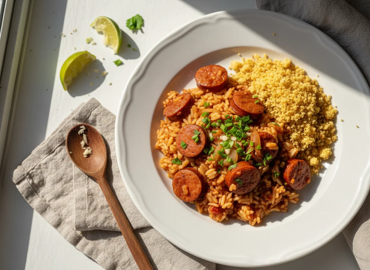 Arroz com linguiça e farofa photo