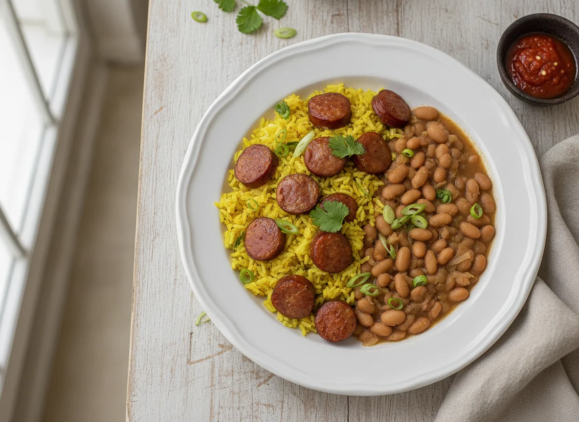 Arroz com linguiça e feijão carioca photo