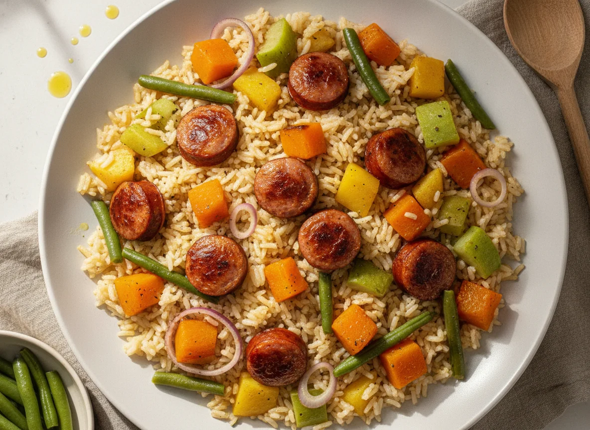 Arroz com linguiça e legumes cozidos photo