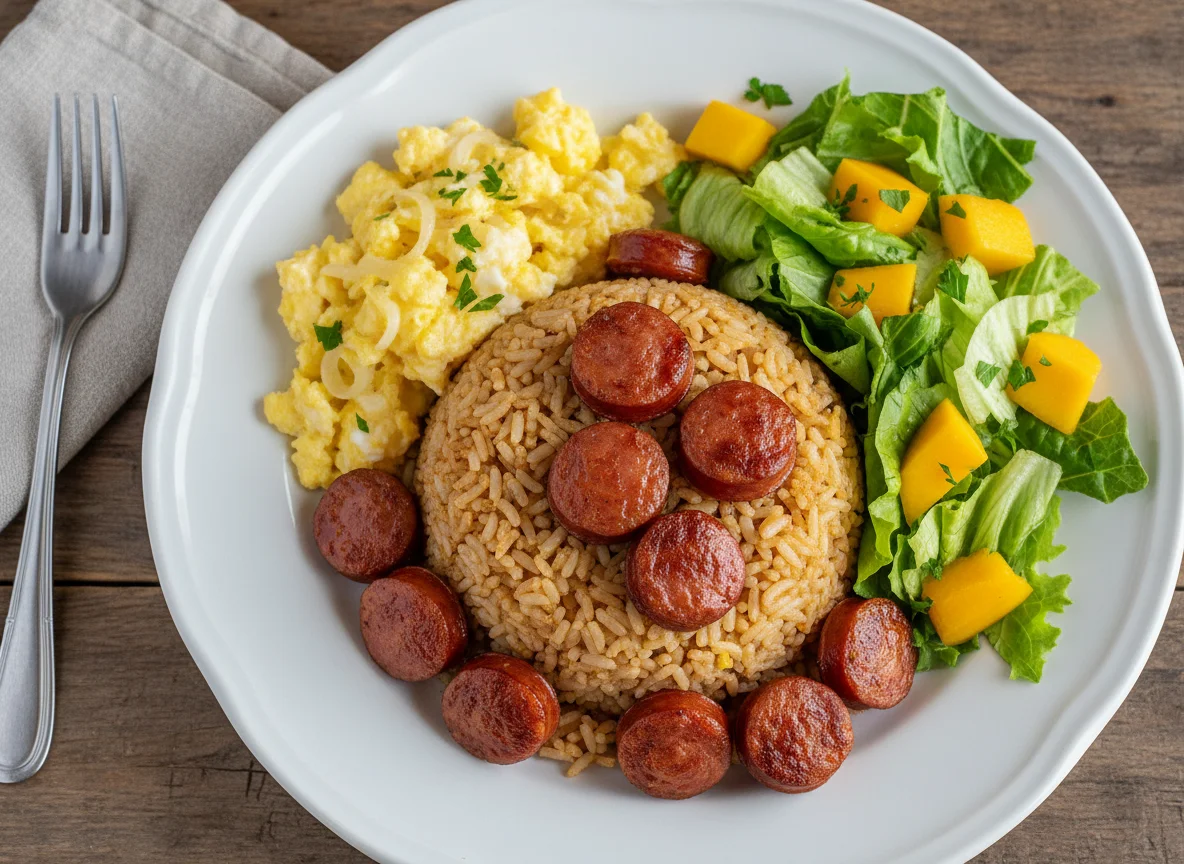 Arroz com linguiça e ovos mexidos com salada photo