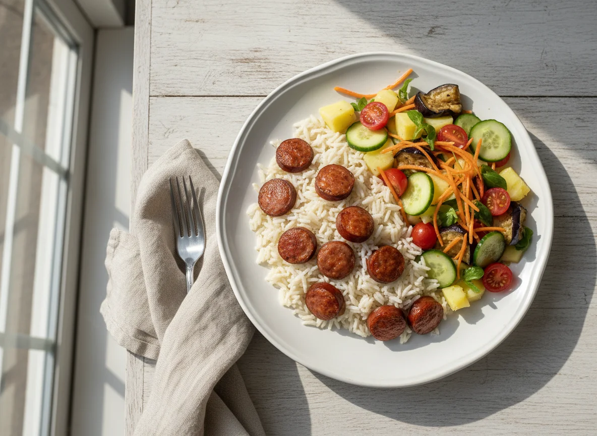 Arroz com linguiça e salada de legumes photo
