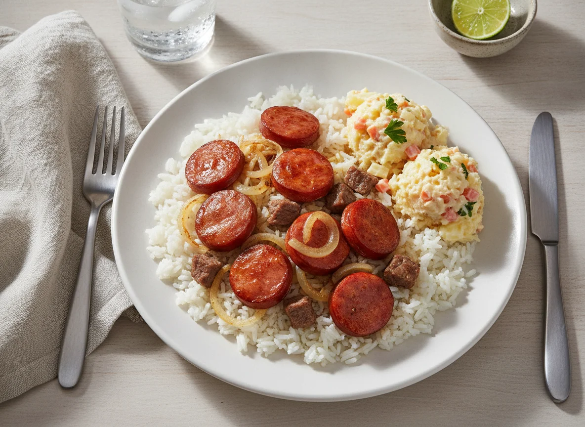 Arroz com linguiça e salada de maionese photo