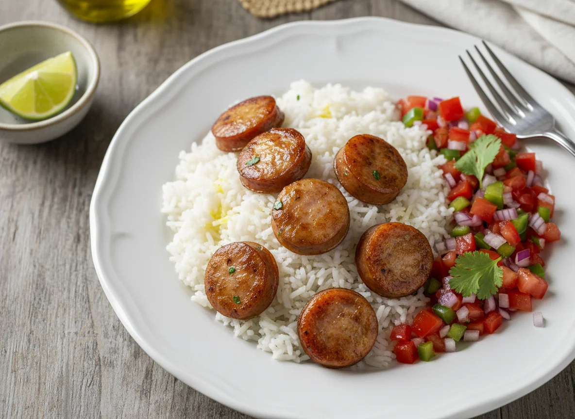 Arroz com linguiça e vinagrete photo