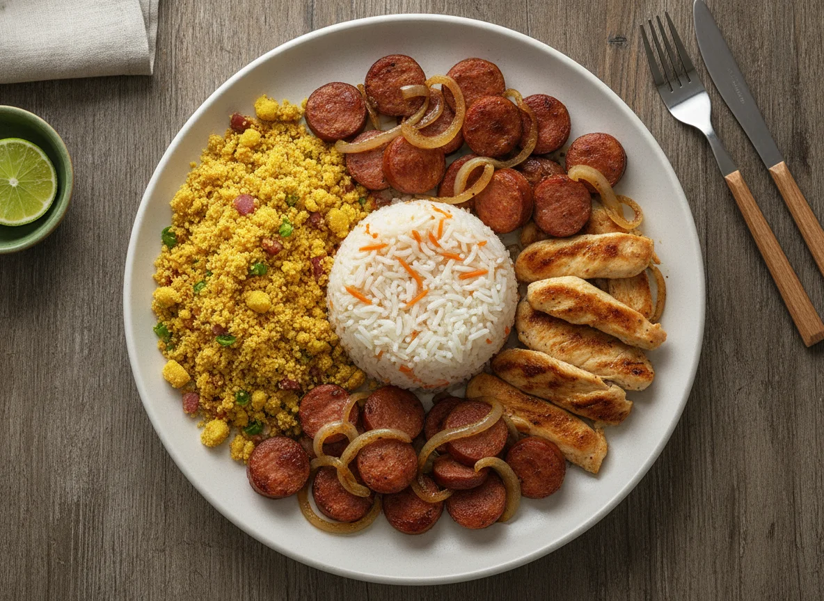 Arroz com linguiça, frango e farofa photo
