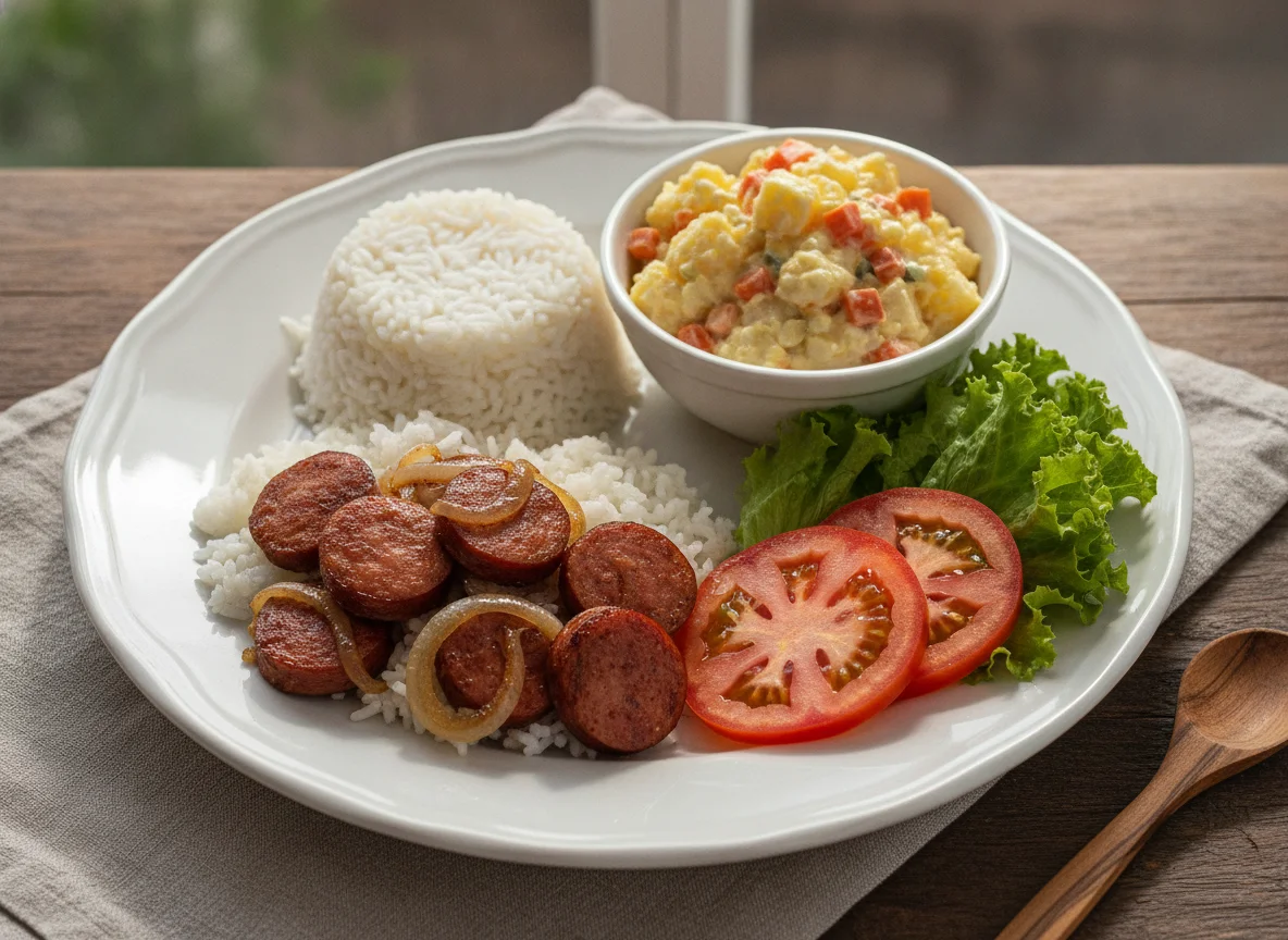 Arroz com linguiça, salada de maionese, tomate e alface photo
