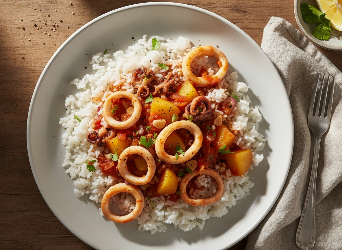 Arroz com lulas e batatas photo
