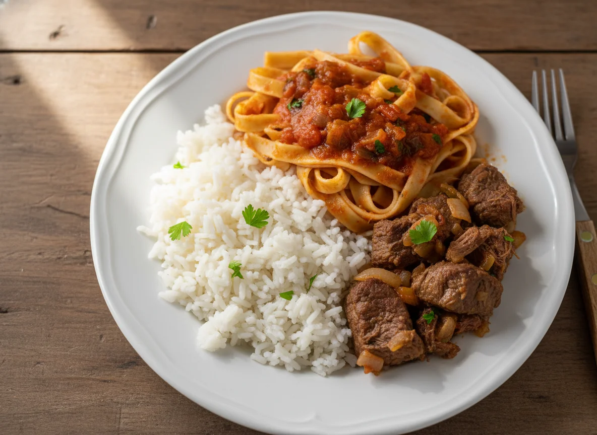 Arroz com macarrão e carne photo