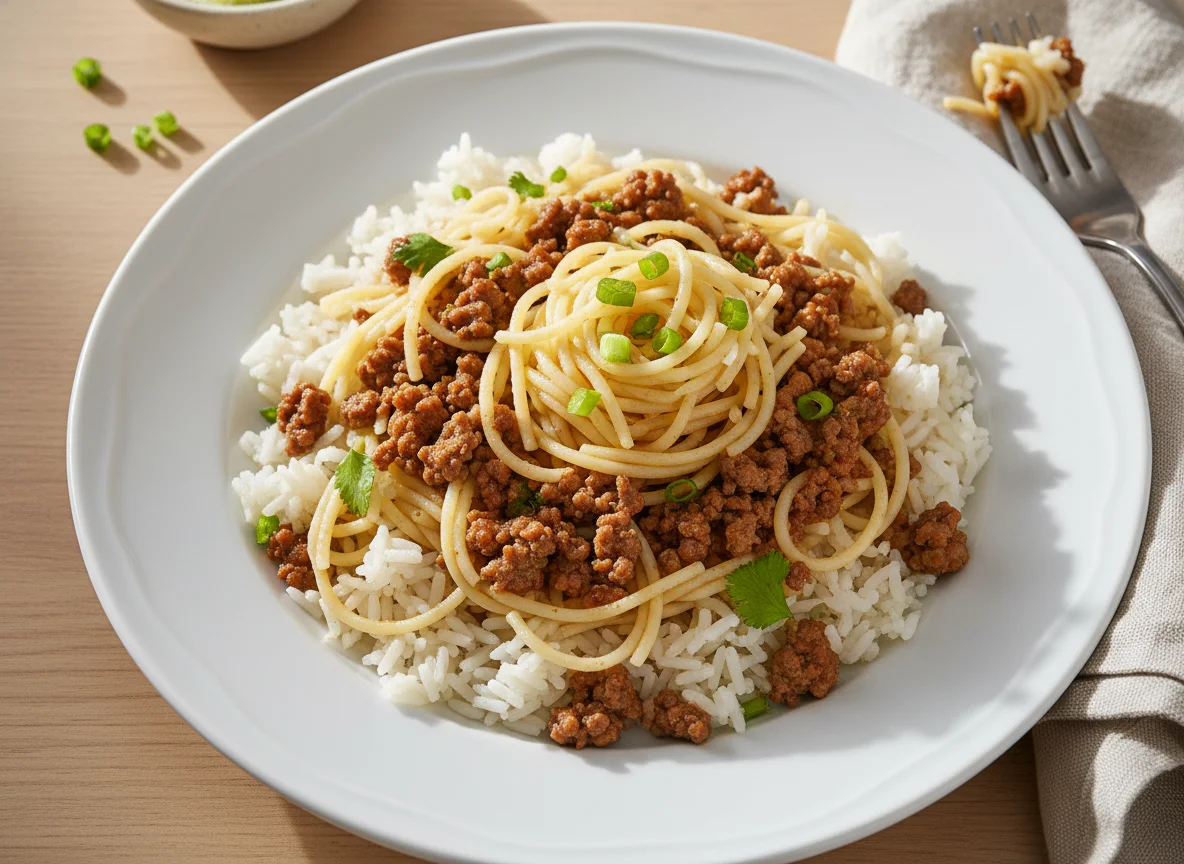 Arroz com macarrão e carne moída photo