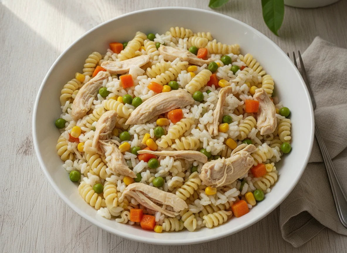 Arroz com macarrão, frango e vegetais photo
