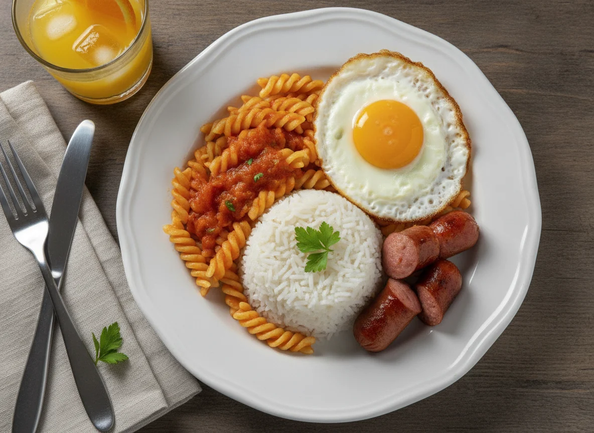 Arroz com macarrão, salsicha, ovo frito e suco de laranja photo