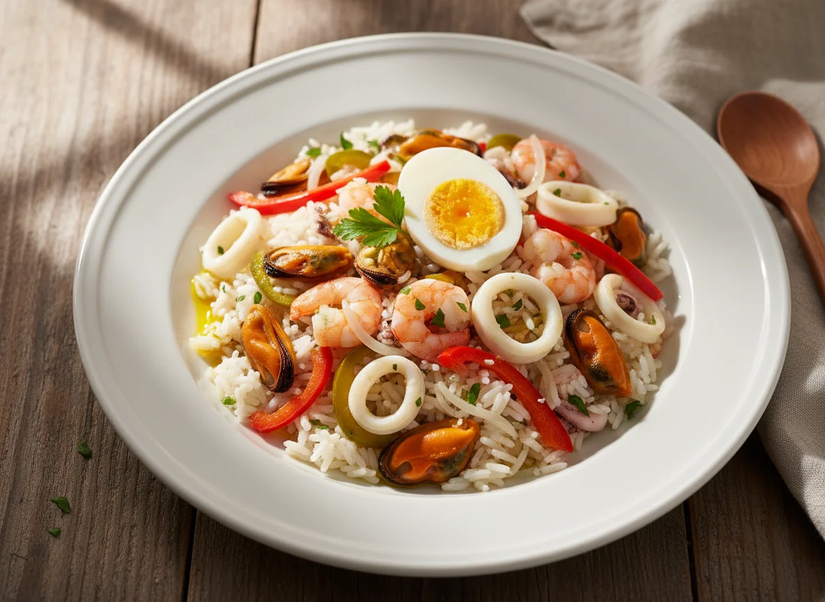 Arroz com marisco e ovo cozido photo