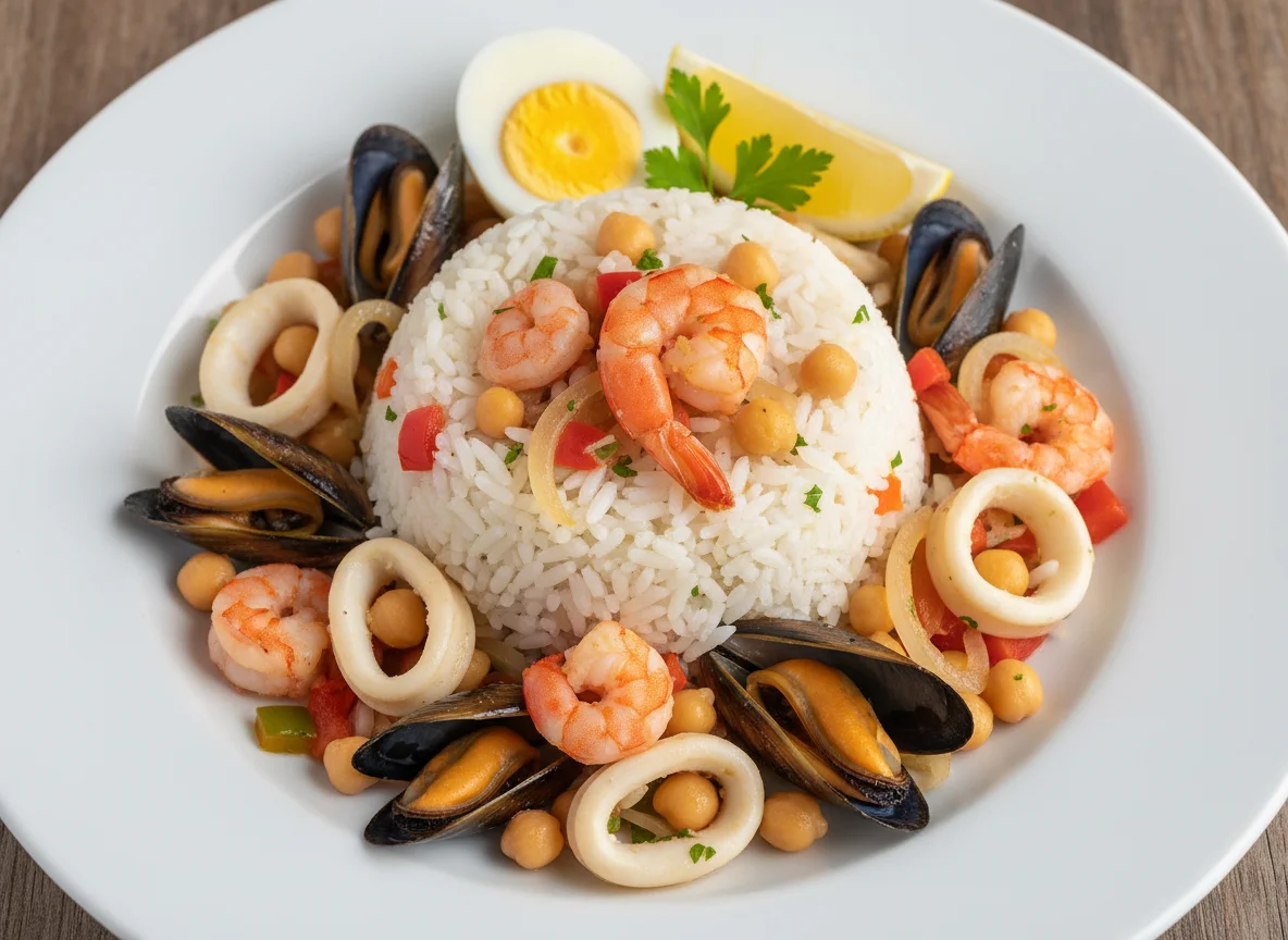 Arroz com marisco salteado e ovo cozido photo