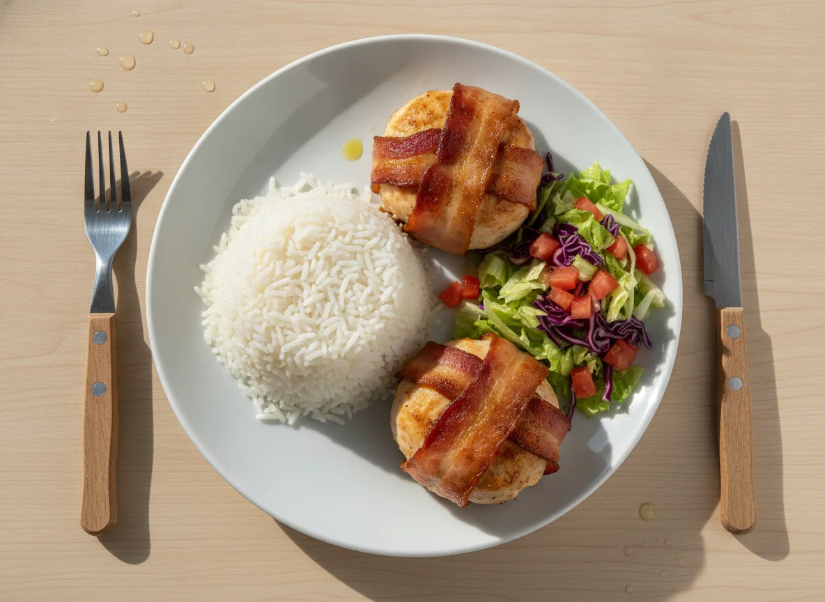Arroz com medalhão de frango e salada photo